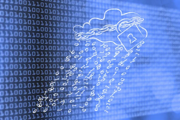 Nube con código binario lluvia y bloqueo de seguridad & cadena —  Fotos de Stock