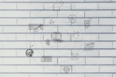 Siber tehditler sembolleri orbitating bir bilgisayar çevresinde