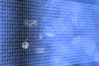 Siber tehditler sembolleri orbitating bir bilgisayar çevresinde