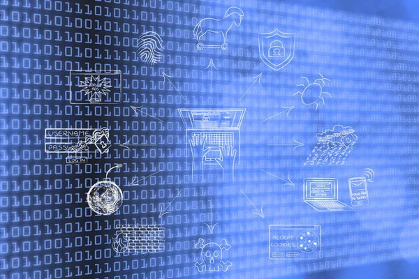 Cyber-Sicherheit und Privatsphäre Symbole rund um einen Laptop — Stockfoto