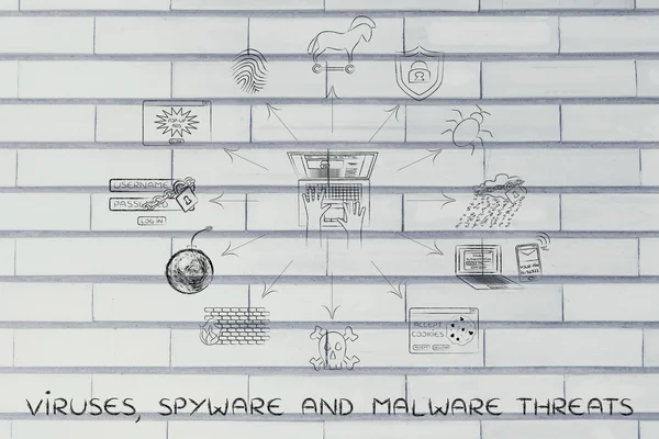 Laptop circondato da virus, spyware e minacce malware — Foto Stock