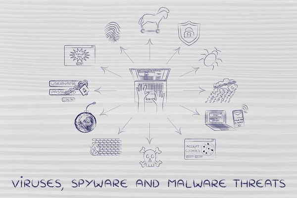 Laptop von Viren, Spyware und Malware umgeben — Stockfoto