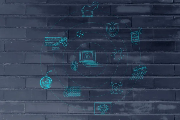 Símbolos de ameaças cibernéticas orbitando em torno de um computador — Fotografia de Stock