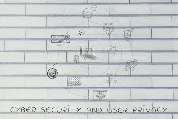 Keamanan cyber dan privasi pengguna, ikon seputar laptop — Stok Foto