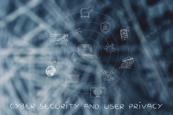 サイバー セキュリティとユーザーのプライバシー、ラップトップを周囲のアイコン — ストック写真