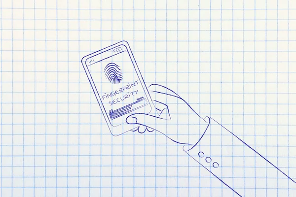 El bir akıllı telefon tutarak ve parmak izi tarama — Stok fotoğraf