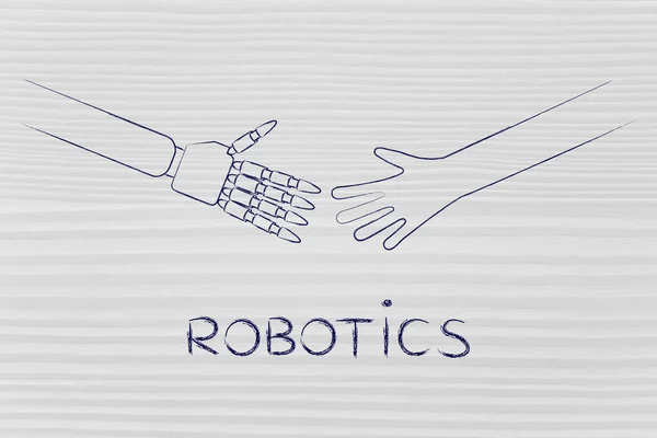 human and robot hands about to touch, robotics