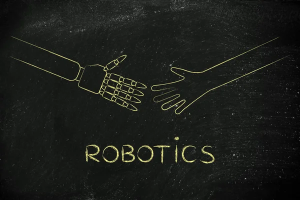 Manos humanas y robots a punto de tocar, robótica —  Fotos de Stock