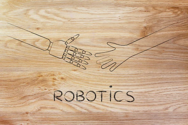 human and robot hands about to touch, robotics