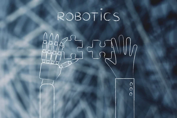 Mãos humanas e robôs resolvendo um quebra-cabeça, robótica — Fotografia de Stock