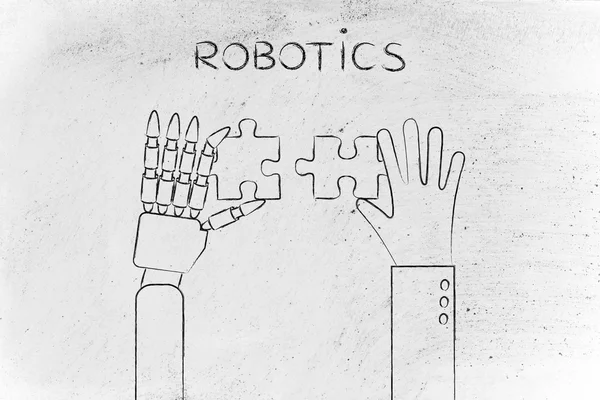 human and robot hands solving a puzzle, robotics