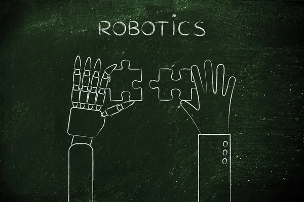 Manos humanas y robóticas resolviendo un rompecabezas, robótica —  Fotos de Stock