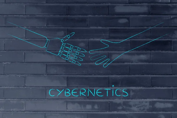human and robot hands about to touch, cybernetics