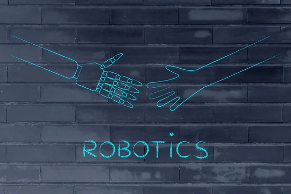 Manos humanas y robots a punto de tocar, robótica —  Fotos de Stock
