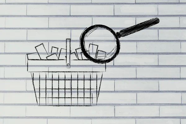 Magnifying glass analyzing a shopping basket full of items — Stock Photo, Image