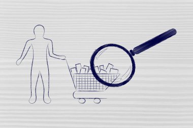 Büyüteç bir müşterinin alışveriş analiz madde dolu sepeti