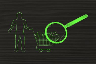 Büyüteç bir müşterinin alışveriş analiz madde dolu sepeti