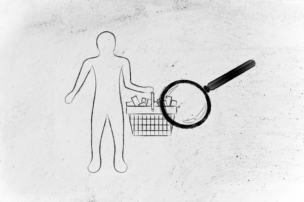 Magnifying glass analyzing a client's shopping basket full of it — 图库照片