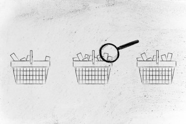 magnifying glass on shopping baskets with different amount of it
