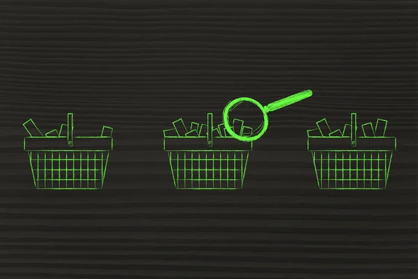 Magnifying glass on shopping baskets with different amount of it — Zdjęcie stockowe