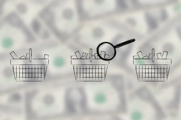 Magnifying glass on shopping baskets with different amount of it — Φωτογραφία Αρχείου