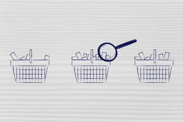 Magnifying glass on shopping baskets with different amount of it — Zdjęcie stockowe