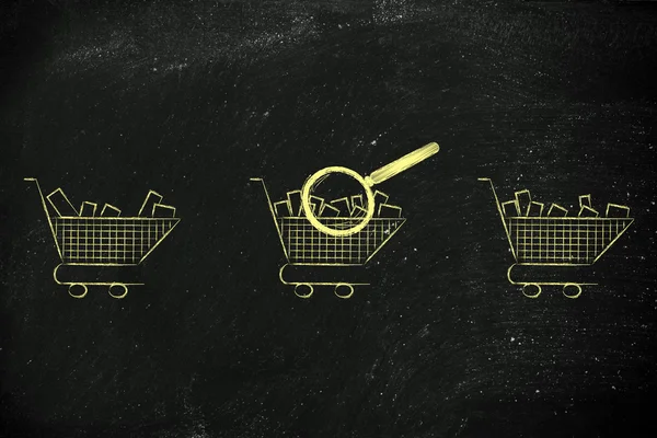 Magnifying glass on empty vs full shopping carts — Stock Photo, Image