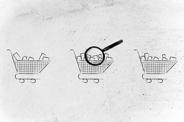 Lupa em carrinhos de compras vazios vs cheios — Fotografia de Stock