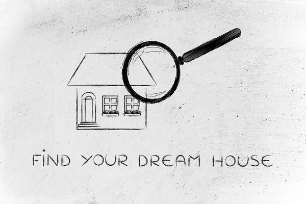 Magnifying glass analyzing a home, find your dream house — Stock Photo, Image