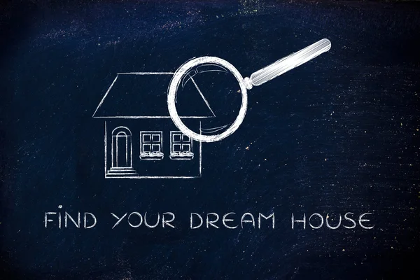 Magnifying glass analyzing a home, find your dream house — Stock Photo, Image