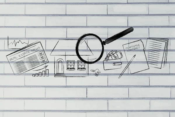 House, real estate data and contract with magnifying glass — Stock Photo, Image