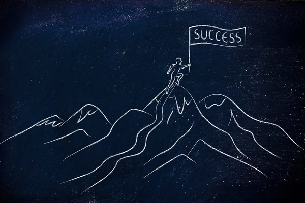 Person with Success banner standing on top of a mountain — Stock Photo, Image