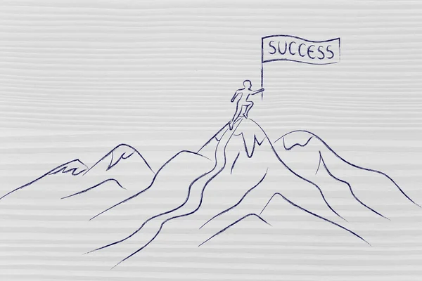 Pessoa com banner de sucesso em pé no topo de uma montanha — Fotografia de Stock
