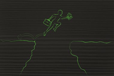 iş adamı iş planı ile bir uçurumun üzerinden jumpying