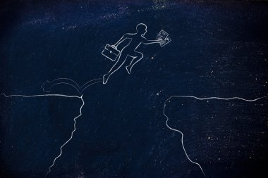 iş adamı iş planı ile bir uçurumun üzerinden jumpying