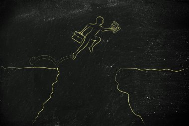 iş adamı iş planı ile bir uçurumun üzerinden jumpying