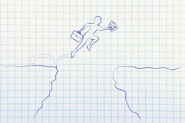 Business man jumpying over een klif met Business plan — Stockfoto