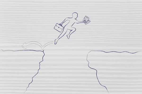 Business man jumpying över en klippa med affärsplan — Stockfoto