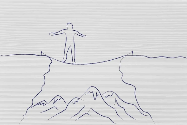 Человек обтягивающий веревку, идущий через скалу — стоковое фото