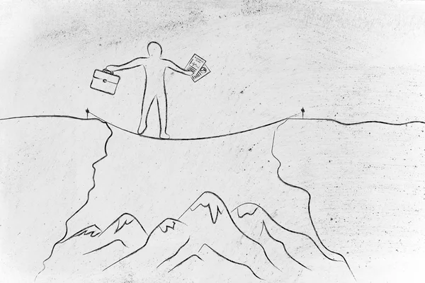 Hombre de negocios cuerda apretada caminando por un acantilado — Foto de Stock