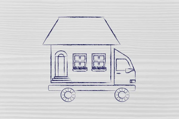 Camion entreprise de déménagement avec maison sur le dessus — Photo