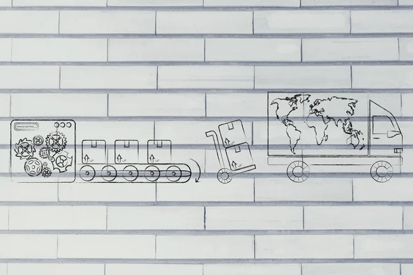 Fabrika makinesi, koli ve teslimat kamyonu ile Dünya Haritası — Stok fotoğraf