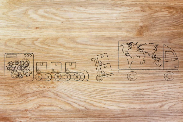 工場の機械、区画・世界地図で配達用トラック — ストック写真