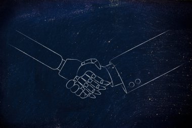 İnsan ve robot el sıkışıyor.
