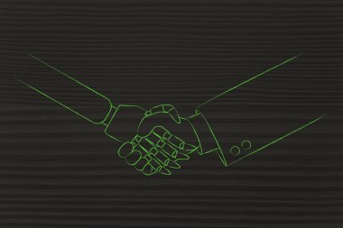 İnsan ve robot el sıkışıyor.