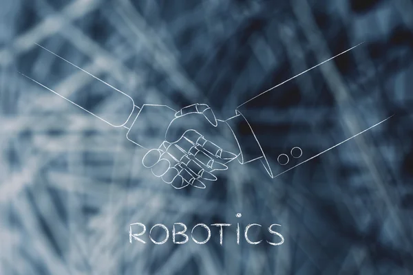 Homem e robô apertando as mãos, robótica — Fotografia de Stock