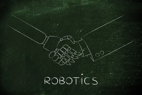 Homem e robô apertando as mãos, robótica — Fotografia de Stock
