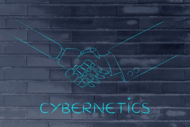 insan ve robot tokalaşırken, sibernetik