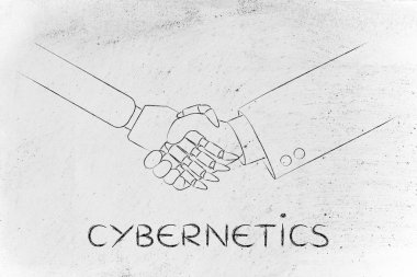 insan ve robot tokalaşırken, sibernetik