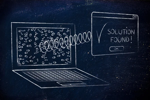 Laptop bearbeta data till lösningar, med popup-våren — Stockfoto
